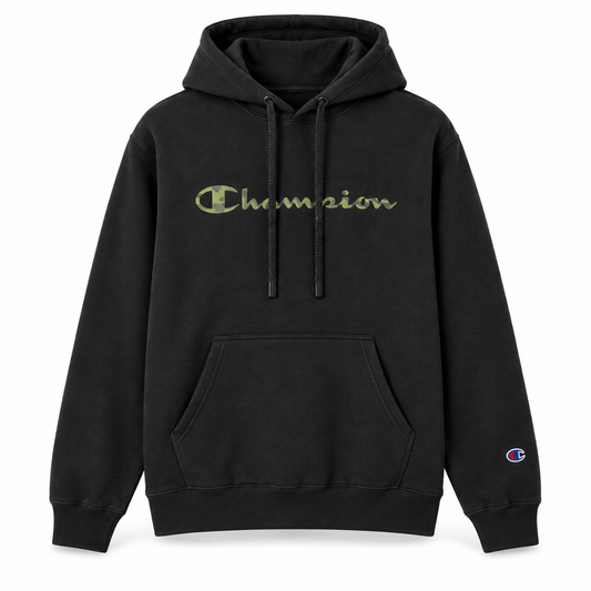 Buzo Champion estampado camo negro — vista frontal
