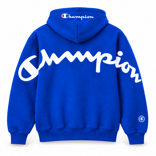 Buzo Champion estampado espalda azul — vista de espalda