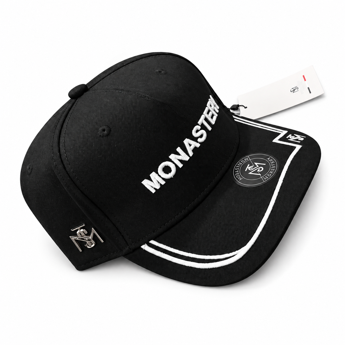 Gorra Monastery negra diseño línea blanca en fondo blanco